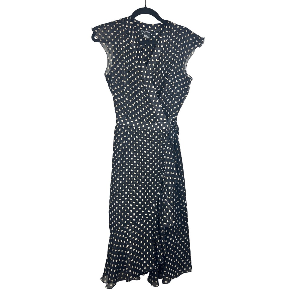 Etcetera Black Gold Polka Dot Silk Faux Wrap Ruffle Hem Midi Dress Size 8